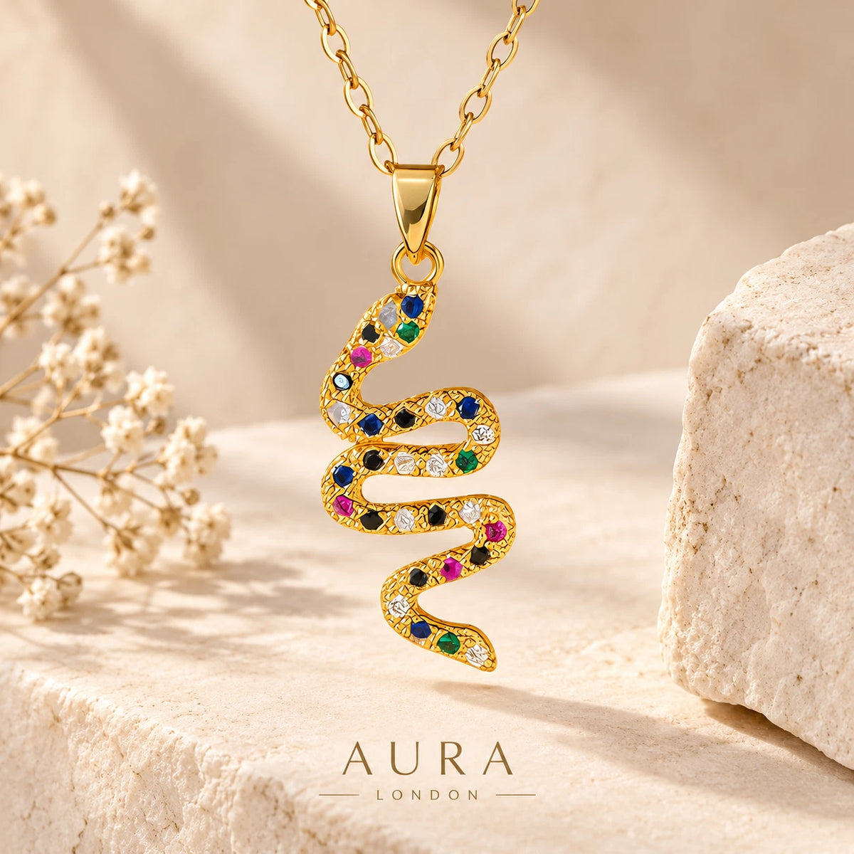 18K GOLD PLATED TITANIUM STEEL SNAKE NECKLACE MULTICOLOUR SERPENT PENDANT GIFT