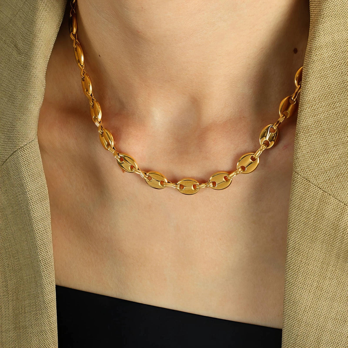 18K GOLD PLATED TITANIUM STEEL LADIES STATEMENT LINK CHAIN NECKLACE WATERPROOF