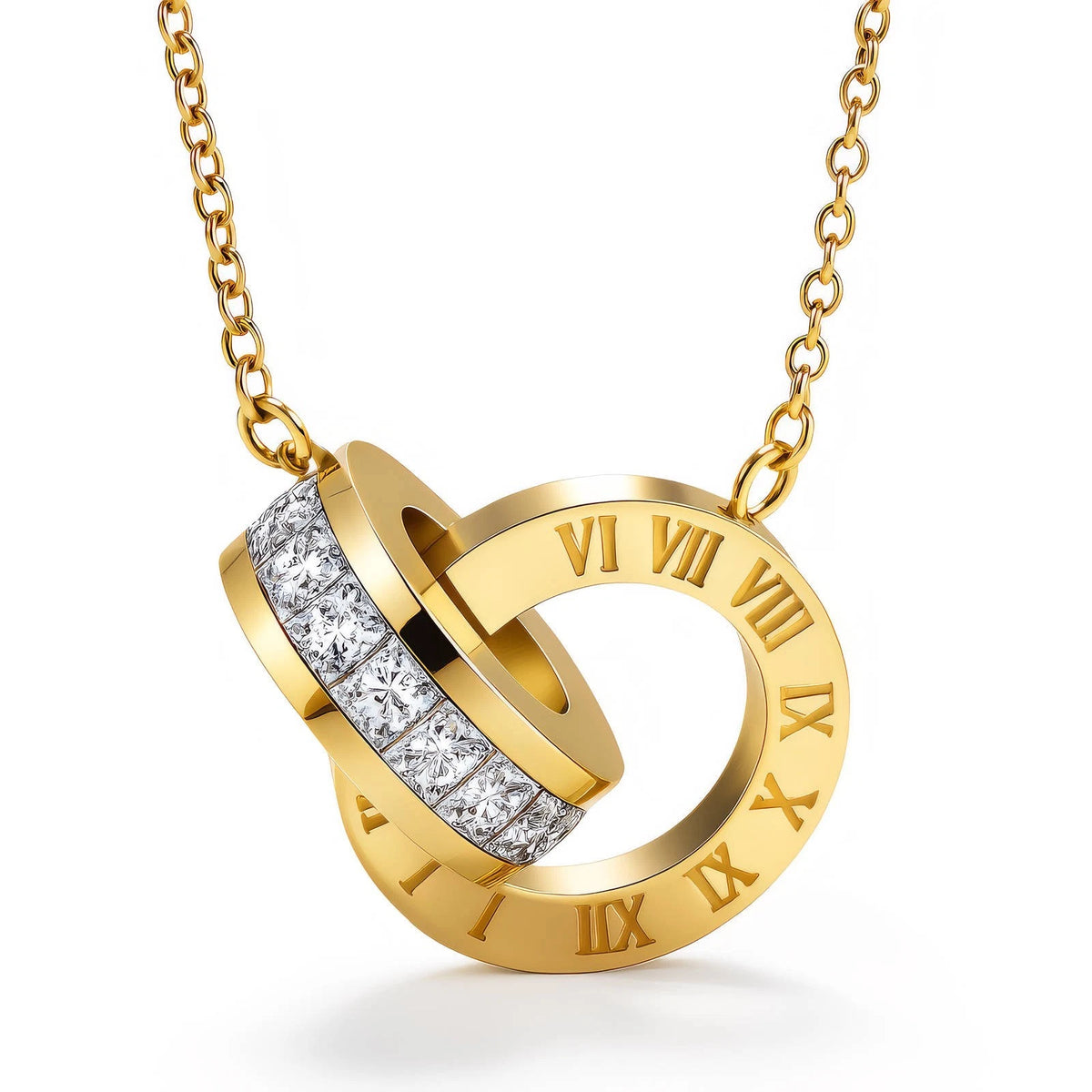 18K GOLD PLATED TITANIUM STEEL LADIES ROMAN NUMERAL DOUBLE RING CZ NECKLACE GIFT