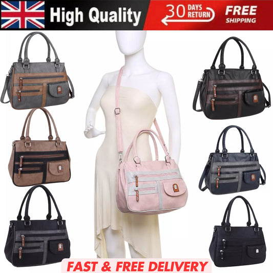 WOMEN'S VEGAN SOFT LEATHER VINTAGE HANDBAG SHOULDER BAG MULTIPOCKETS & DURABLE UK STOCK