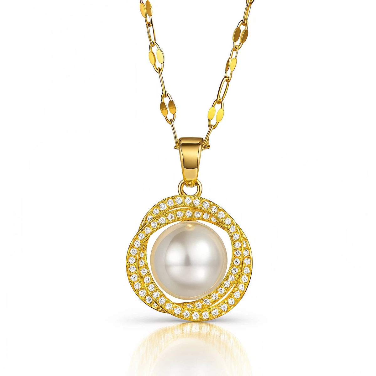 18K GOLD PLATED PEARL HALO CZ PENDANT NECKLACE TITANIUM STEEL ANTI TARNISH GIRLS