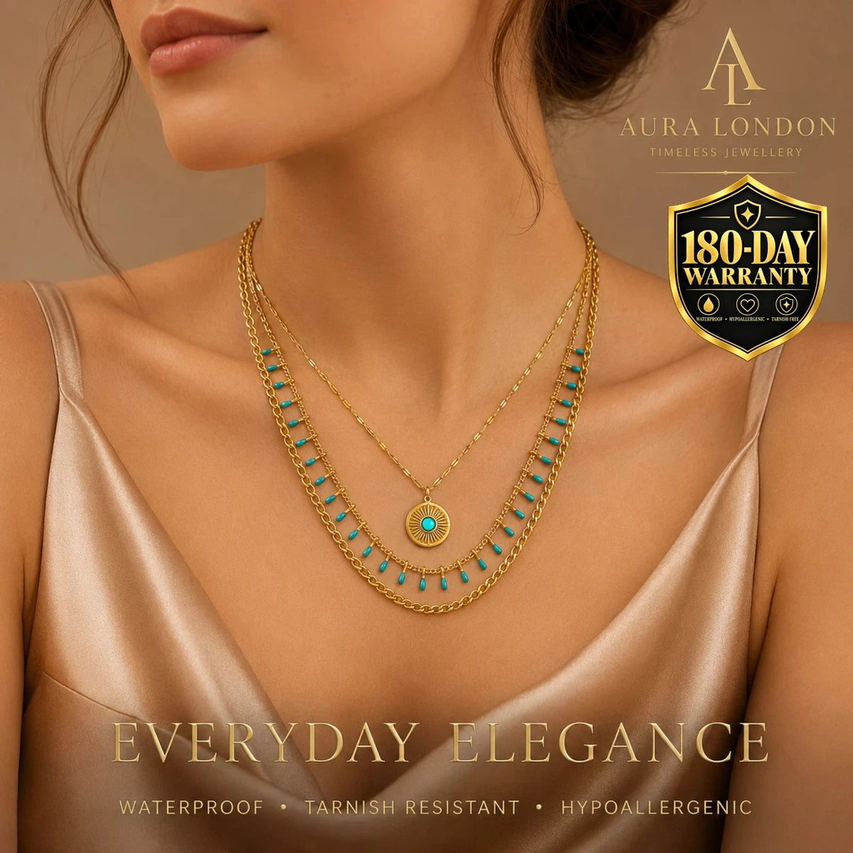 18K GOLD PLATED TITANIUM STEEL TURQUOISE LAYERED LADIES NECKLACE WATERPROOF UK