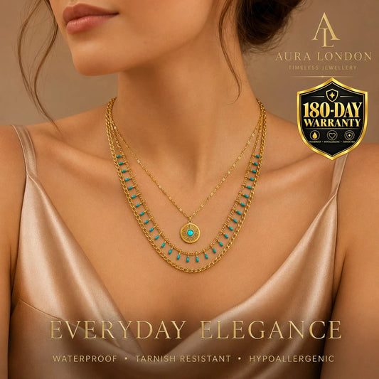 18K GOLD PLATED TITANIUM STEEL TURQUOISE LAYERED LADIES NECKLACE WATERPROOF UK
