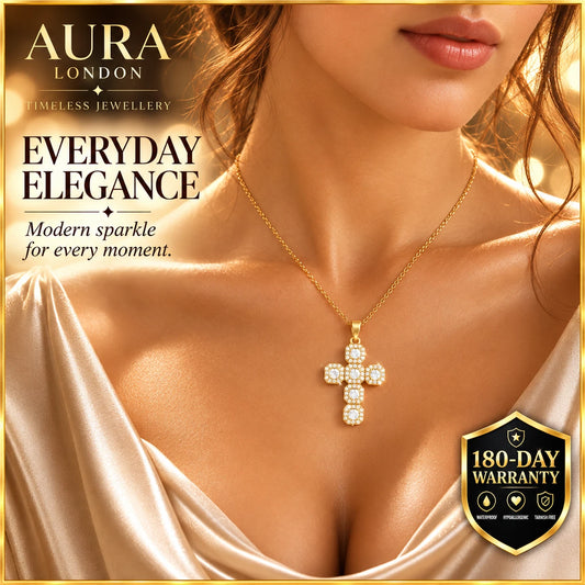 18K GOLD PLATED TITANIUM STEEL CROSS CZ PENDANT NECKLACE PVD WATERPROOF GIFT UK