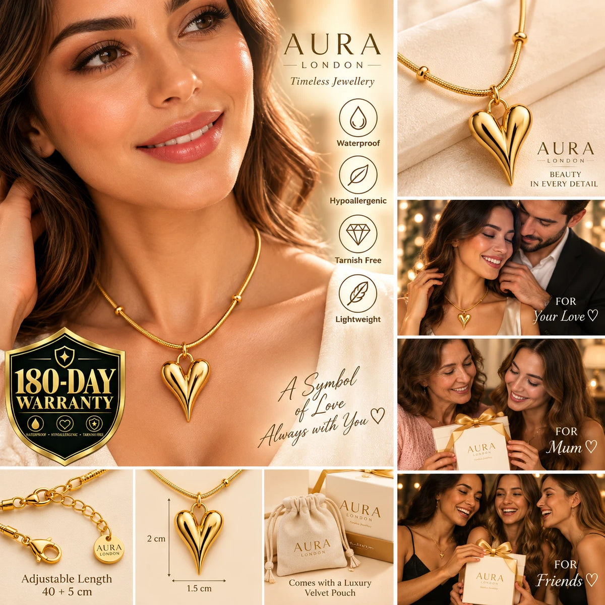 18K GOLD PLATED TITANIUM STEEL HEART NECKLACE PVD WATERPROOF GIFT GIRL HER UK
