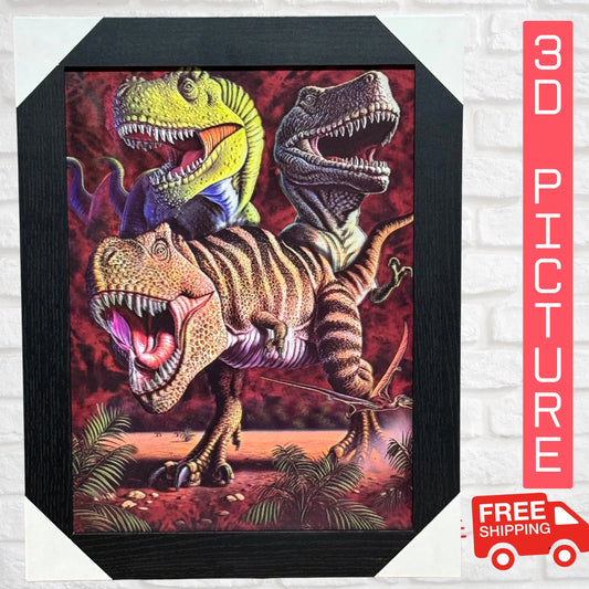 DINOSAUR 3D FRAMED PICTURE REALISTIC DINOSAURS IN 3D ARTWORK EYE-CATCHING DECOR UK STOCK