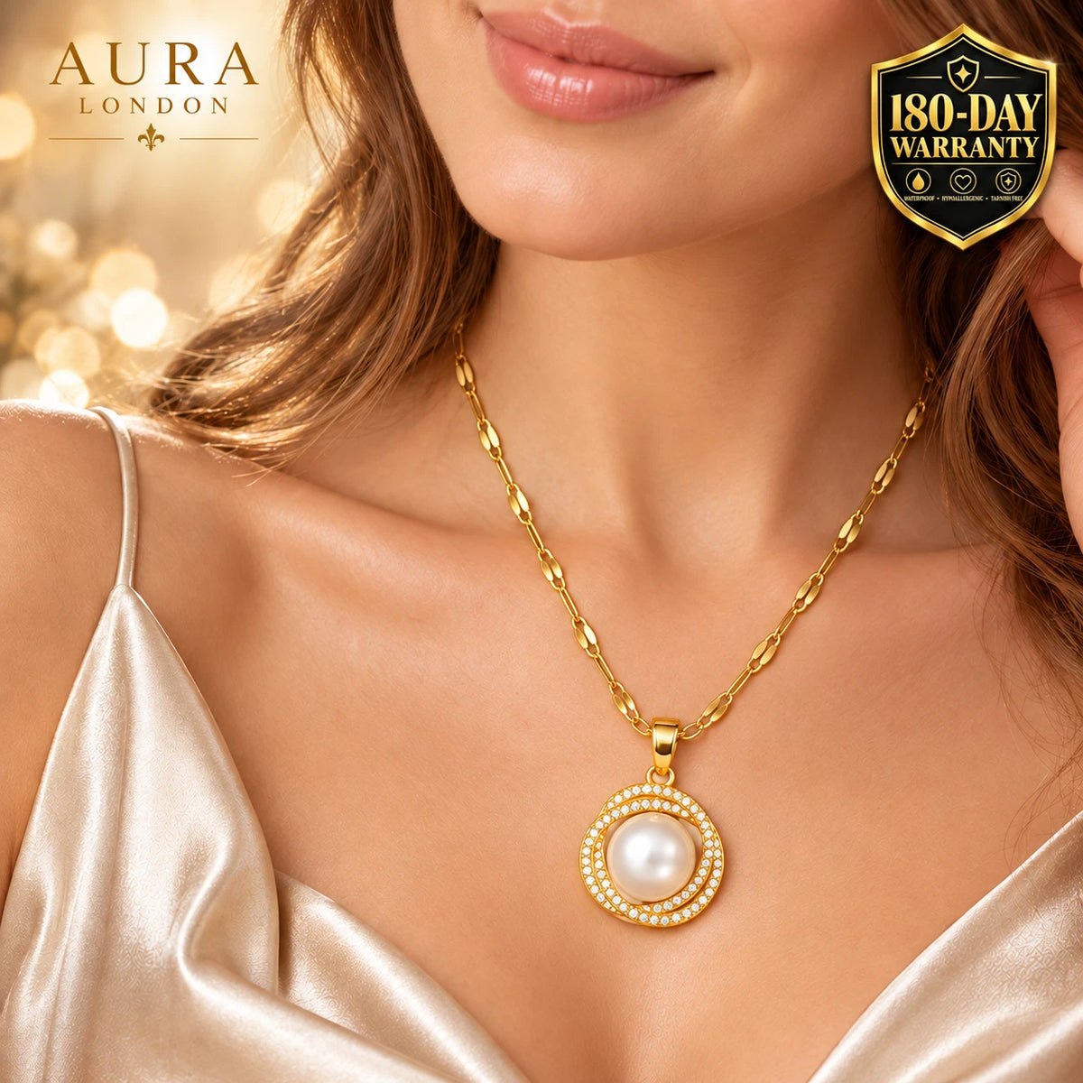 18K GOLD PLATED PEARL HALO CZ PENDANT NECKLACE TITANIUM STEEL ANTI TARNISH GIRLS