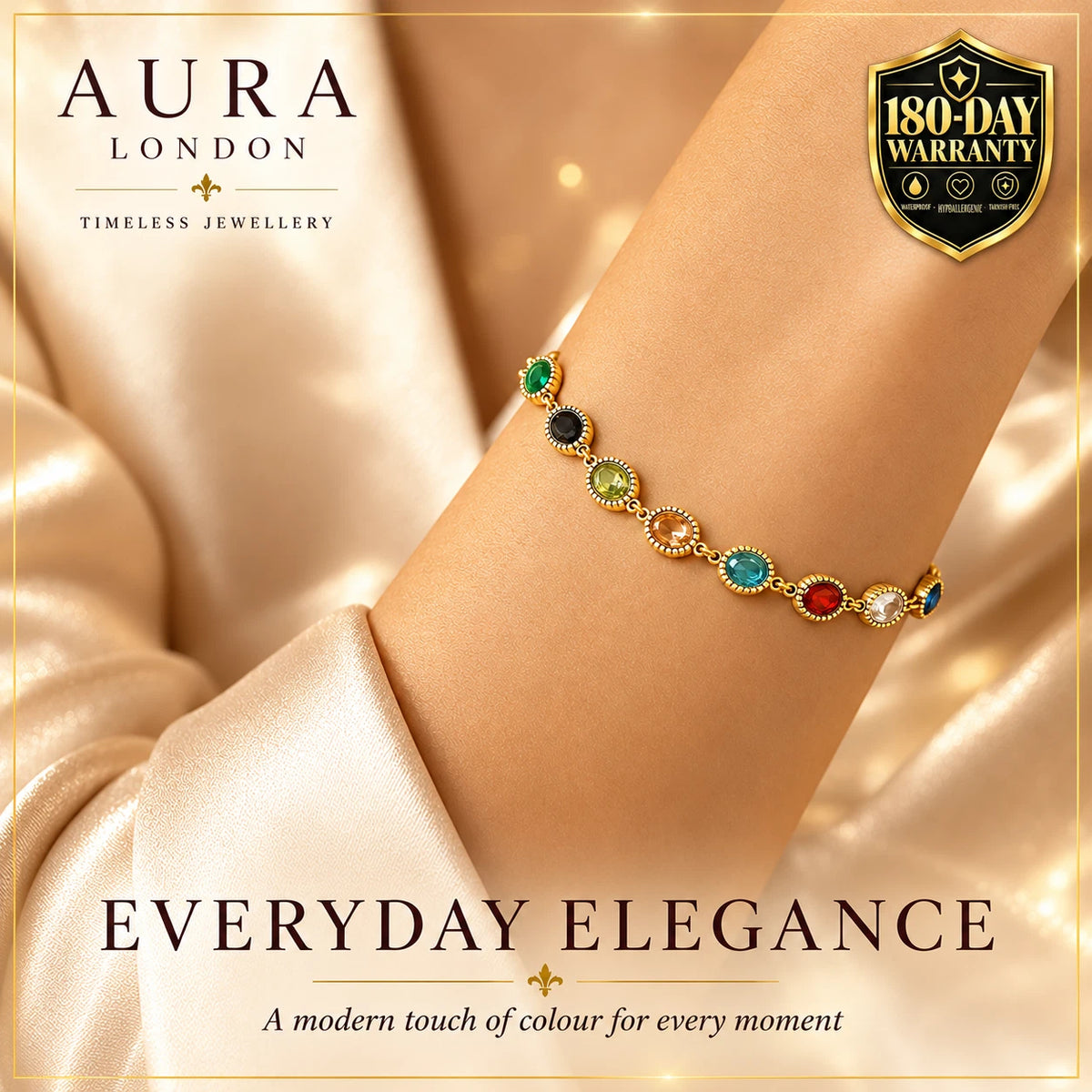 18K GOLD PLATED TITANIUM STEEL LADIES MULTICOLOUR CZ TENNIS BRACELET ADJUSTABLE