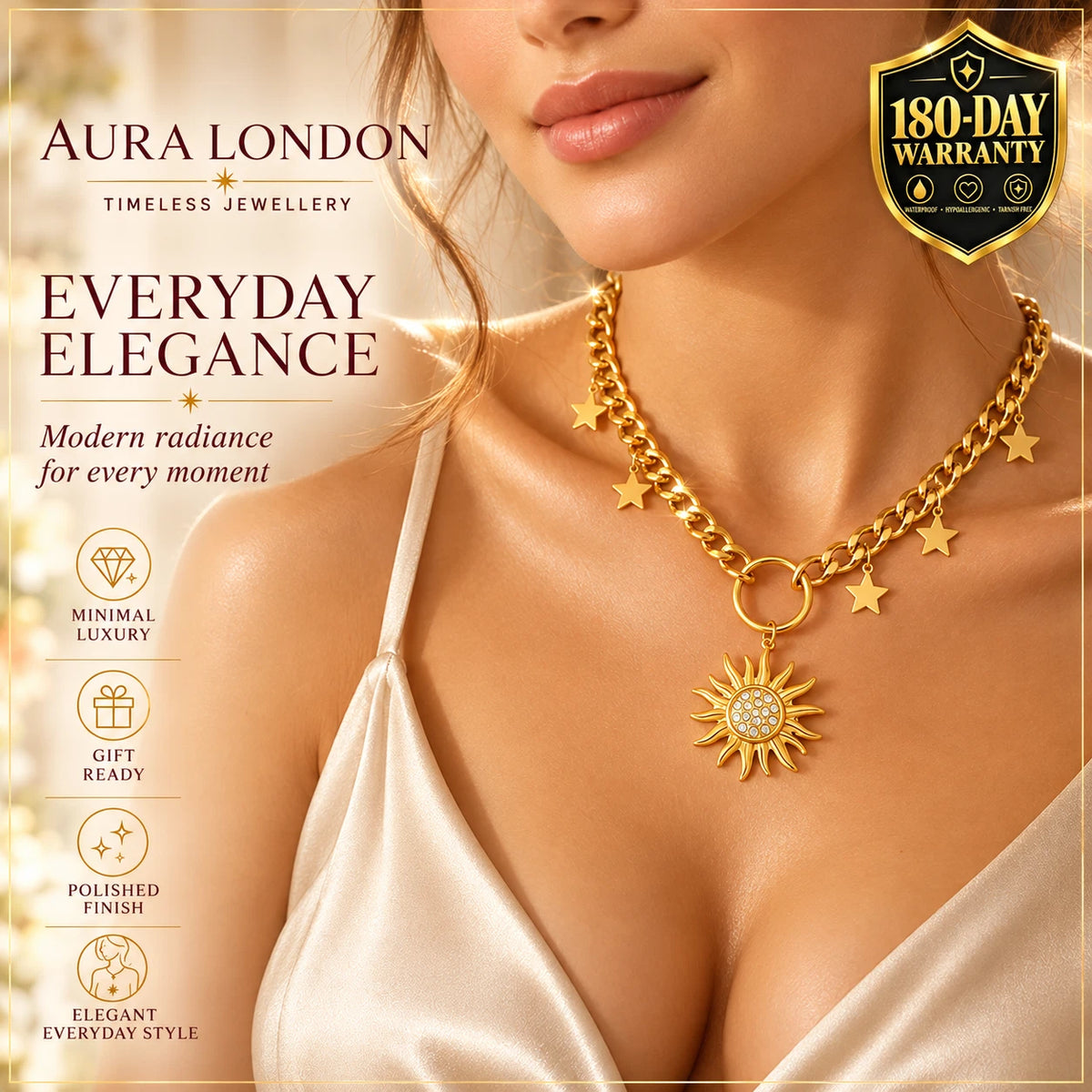 18K GOLD PLATED TITANIUM STEEL LADIES SUN STAR CZ NECKLACE CELESTIAL WATERPROOF