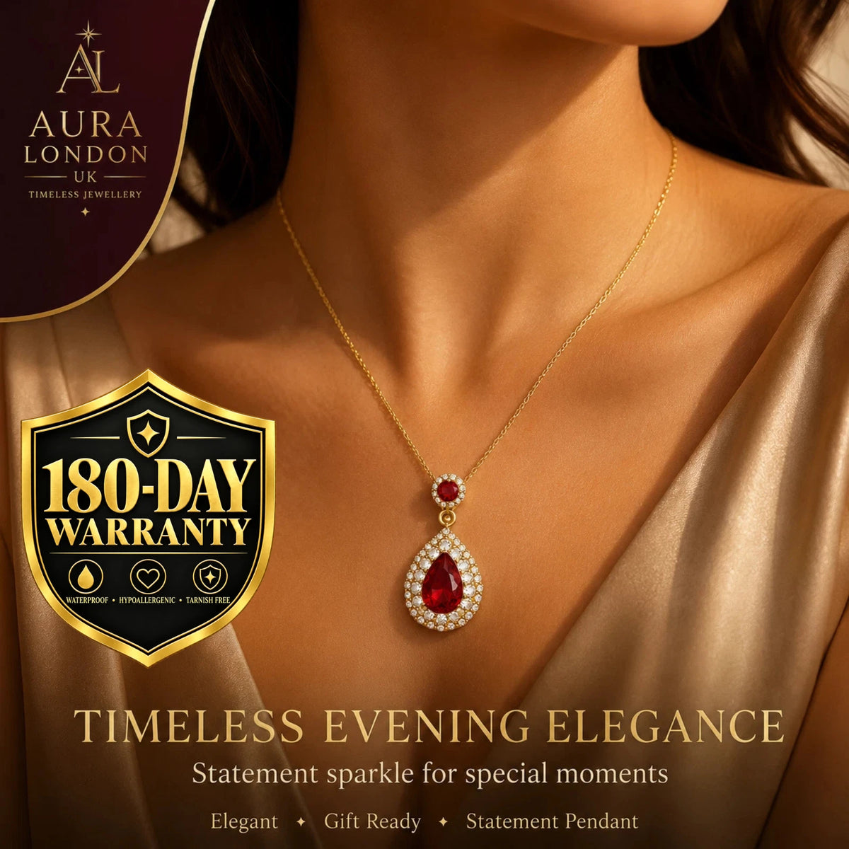 18K GOLD PLATED TITANIUM STEEL RED TEARDROP CZ PENDANT NECKLACE WATERPROOF GIFT