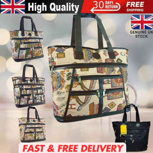 LARGE TAPESTRY SHOPPING BAG WITH ZIP MAIN COMPARTMENT MULTIPLE POCKETS SH104 UK STOCK