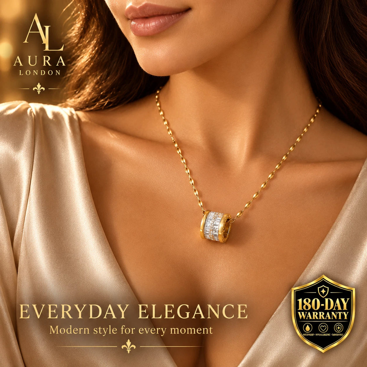 18K GOLD PLATED CRYSTAL ROMAN NUMERAL BARREL PENDANT NECKLACE LADIES WOMAN GIFT