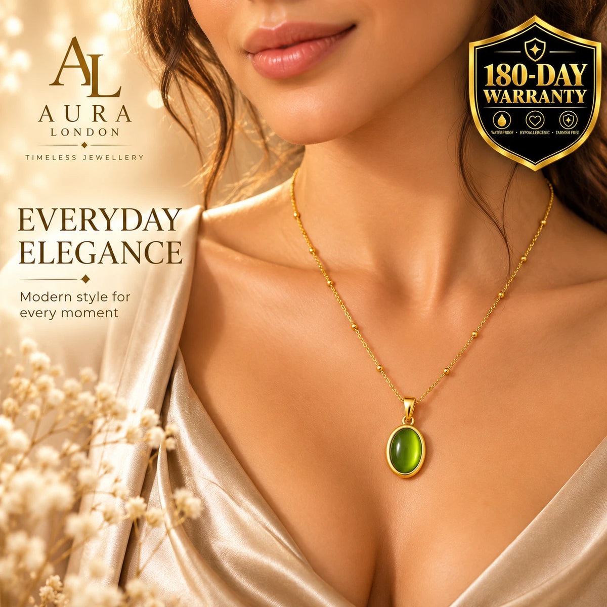 18K GOLD PLATED STAINLESS STEEL LADIES GREEN OVAL PENDANT NECKLACE WATERPROOF UK