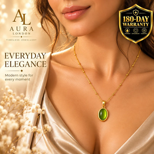 18K GOLD PLATED STAINLESS STEEL LADIES GREEN OVAL PENDANT NECKLACE WATERPROOF UK