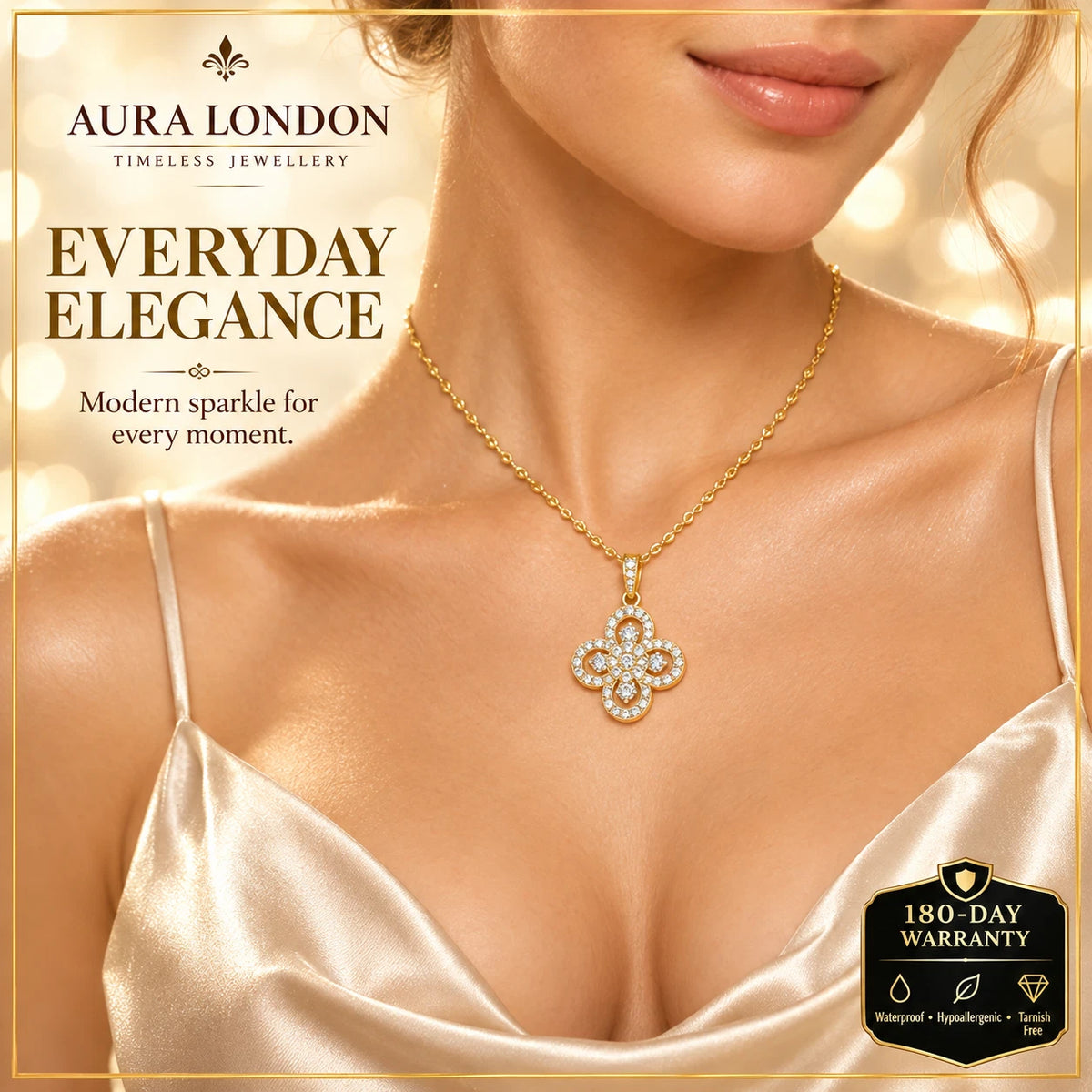 18K GOLD PLATED TITANIUM STEEL FLORAL CZ PENDANT NECKLACE WATERPROOF SPARKLY UK
