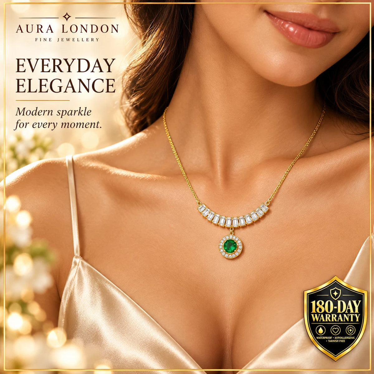 18K GOLD PLATED TITANIUM STEEL GREEN CZ HALO PENDANT NECKLACE WATERPROOF GIFT UK