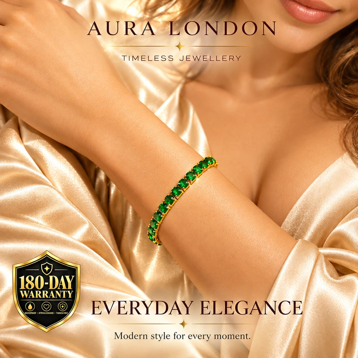 18K GOLD PLATED TITANIUM STEEL LADIES GREEN CZ TENNIS BRACELET ADJUSTABLE GIFT