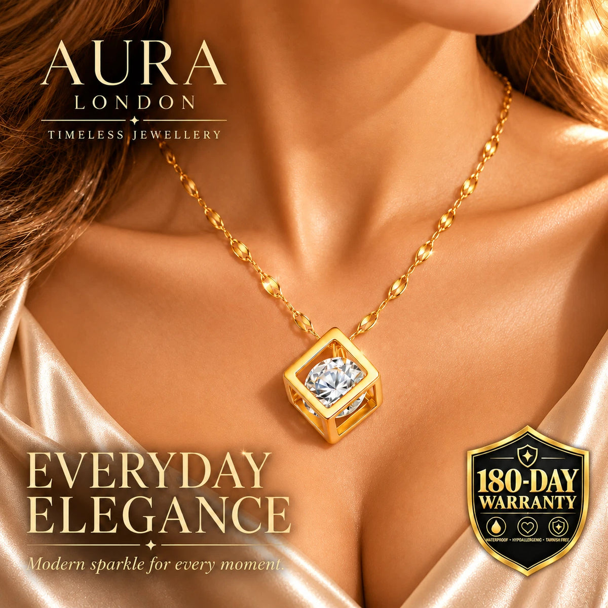 18K GOLD PLATED GEOMETRIC CUBE CZ PENDANT NECKLACE TITANIUM STEEL LADIES GIFT UK