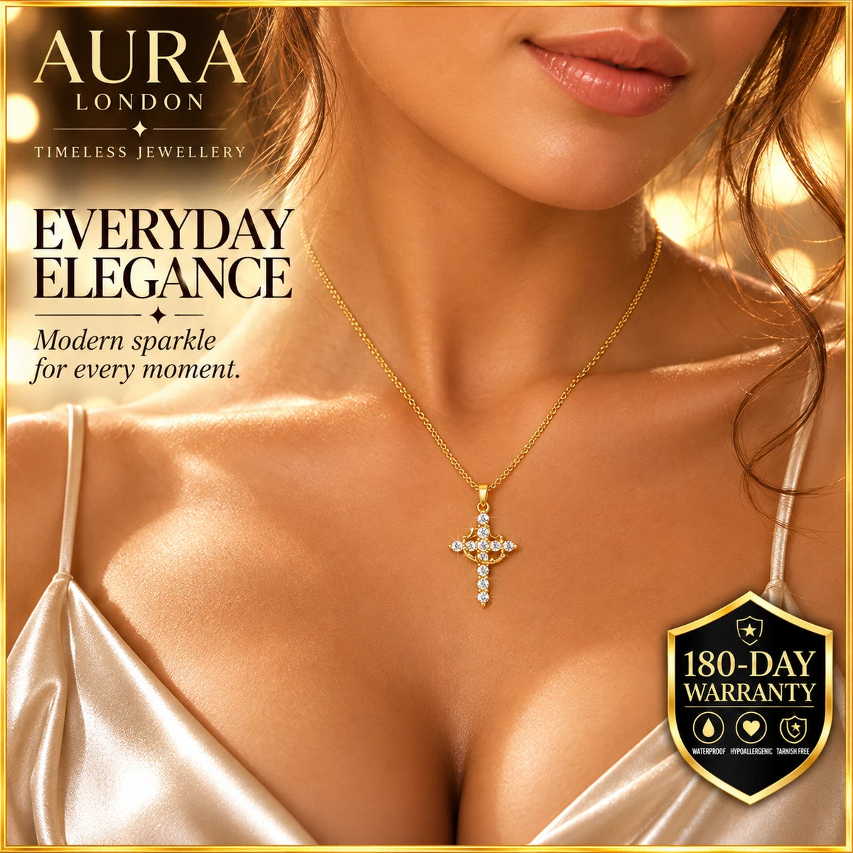 18K GOLD PLATED TITANIUM STEEL CROSS CZ NECKLACE PVD GOLD PLATED WATERPROOF GIFT