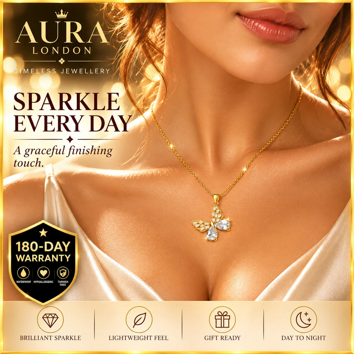 18K GOLD PLATED TITANIUM STEEL BUTTERFLY CZ PENDANT NECKLACE PVD WATERPROOF UK