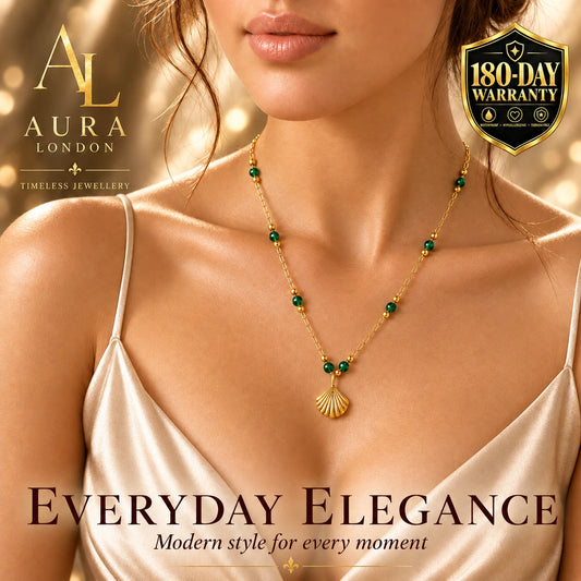 NEW 18K GOLD PLATED GREEN BEAD SHELL NECKLACE TITANIUM STEEL LADIES ANTI TARNISH