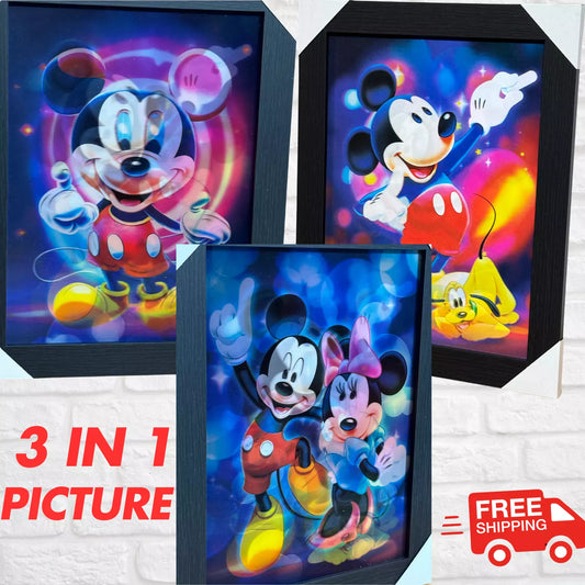 MICKEY MOUSE 3D FRAMED PICTURE-3 ICONIC IMAGES IN 1 FRAME-DISNEY WALL DECOR UK STOCK