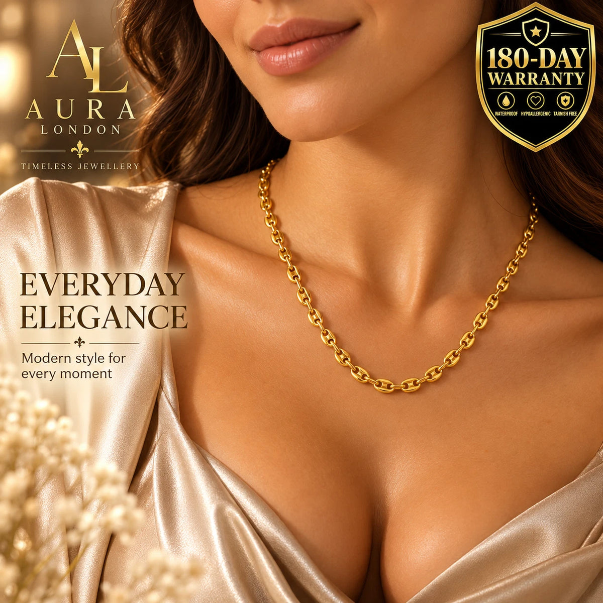 18K GOLD PLATED TITANIUM STEEL LADIES STATEMENT LINK CHAIN NECKLACE WATERPROOF