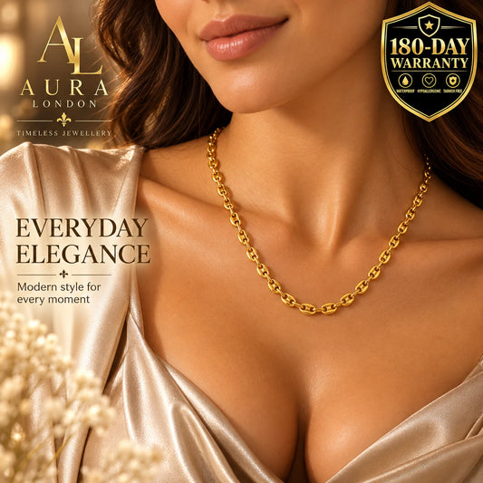 18K GOLD PLATED TITANIUM STEEL LADIES STATEMENT LINK CHAIN NECKLACE WATERPROOF